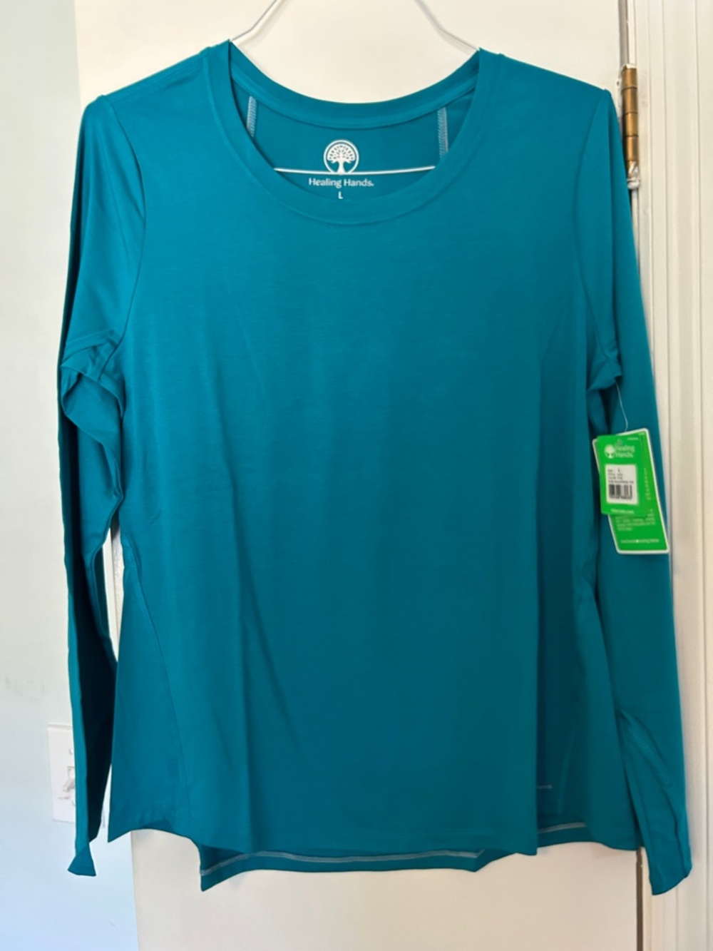 NWT Womens Healing Hands Teal Long Sleeve Crew Neck Tee